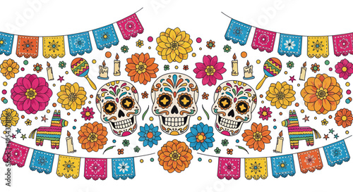 Day of the Dead Sugar Skulls, Marigolds, Papel Picado, and Piñatas Banner