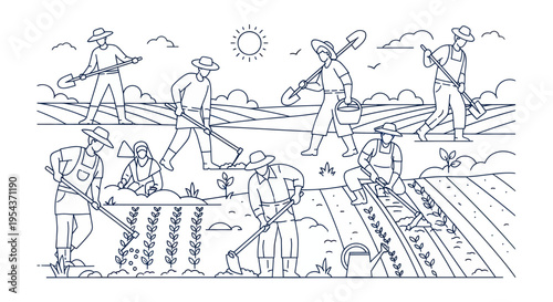Farm Workers Tilling Soil and Planting Crops in Rural Landscape