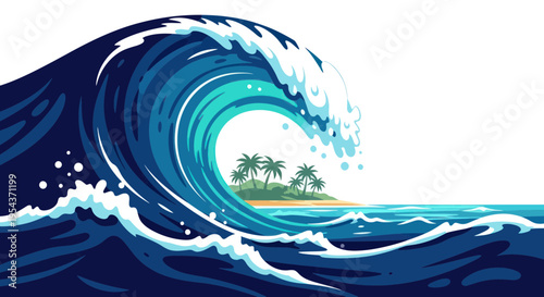 Giant Ocean Wave Crashing Towards Tropical Island with Palm Trees