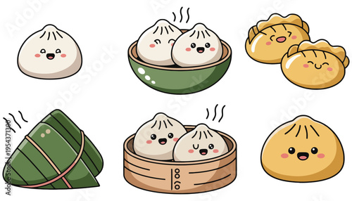 Dumpling vector illustration set with various types and cute expressions