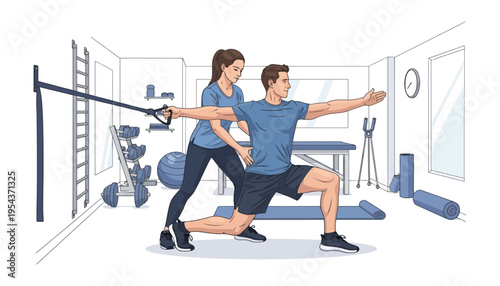 Fitness trainer assisting a client with exercise in a modern gym