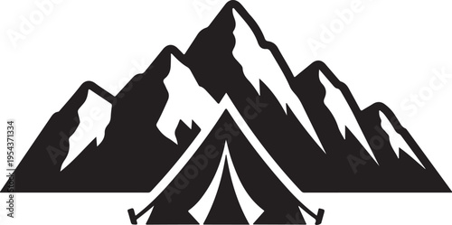 Black mountain and tent vector icon for outdoor adventure