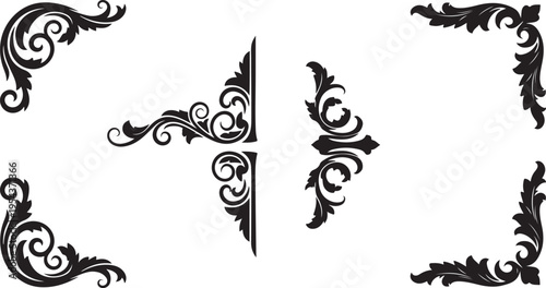 Set of 6 black ornamental corner frame vector elements