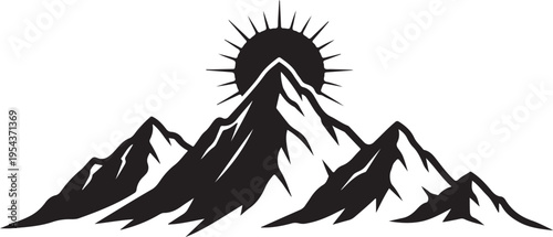 Black mountain landscape vector icon with sun