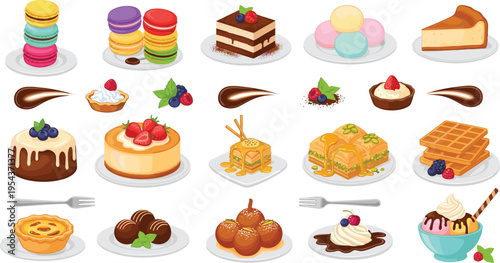 Sweet Dessert Collection Vector Illustration Featuring Cakes, Macarons, Waffles, Ice Cream, Chocolate Treats, Pastries and Bakery Sweets Isolated on White Background