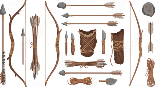 PrintPrimitive Tribal Weapons and Hunting Tools Vector Set Featuring Bows Arrows Spears Quiver Rope and Ancient Survival Equipment Collection
