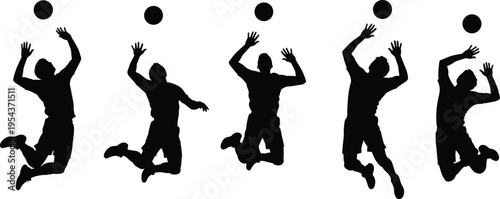 Set of volleyball player silhouettes jumping and spiking ball, isolated on white background, sports action, team athlete, fitness, and competition.