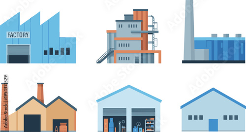 Flat industrial factory buildings set, modern manufacturing plants warehouses production facilities vector illustration isolated on light background for business design