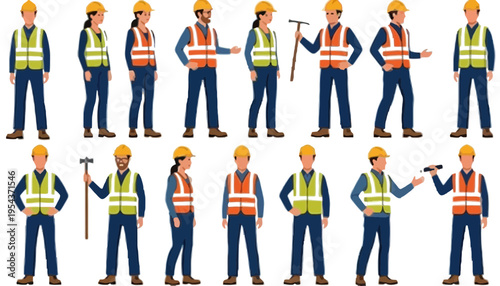 Worker illustration set with people wearing safety vests and hard hats