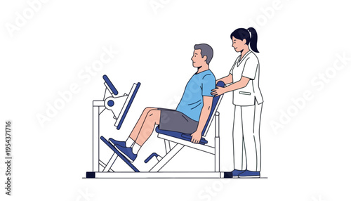 A physical therapist assisting a patient on a leg press machine
