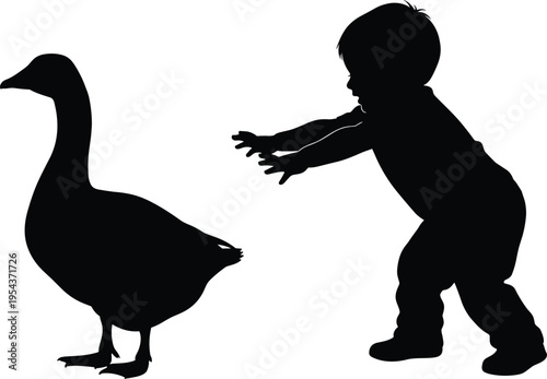 Silhouette of a little boy chasing a goose, child playing with bird, nature exploration, rural farm life, and childhood curiosity, isolated.