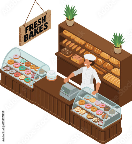 Isometric bakery shop interior with baker, fresh bread cakes donuts display counter vector illustration isolated on clean background design