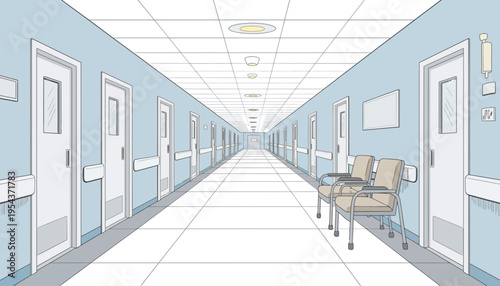 Hospital corridor with blue walls and white doors illustration