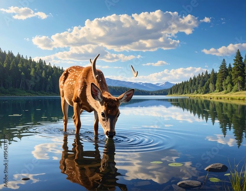 A young deer drinks from a serene lake. Lush green trees line the shore with mountains and a clear blue sky, full of clouds
