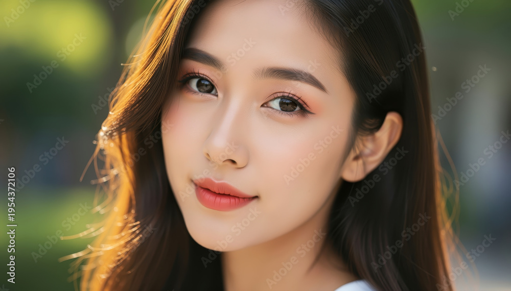 Fototapeta premium Radiant beauty in the sun: A captivating young woman, bathed in the warmth of sunlight, exudes an aura of serenity and natural beauty, with eyes that reflect joy and a smile that lights up the world.