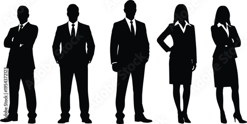 Silhouette set of business team, professional businessmen and businesswomen in suits, group of successful people, corporate leadership, and office workers.