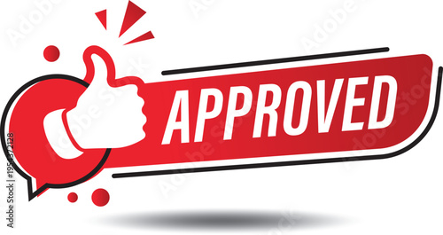 Approved icon. A flat web banner with a thumbs up image. The badge has been tested and verified. Vector illustration of an approved flag quality inspection icon.