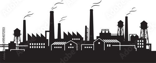 Industrial factory silhouette vector, black and white