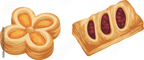 Sweet bakery pastry set with custard danish and fruit filled croissant, food vector illustration isolated on clean background design