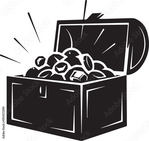 Treasure chest, overflowing coins, black and white vector, illustration, money box