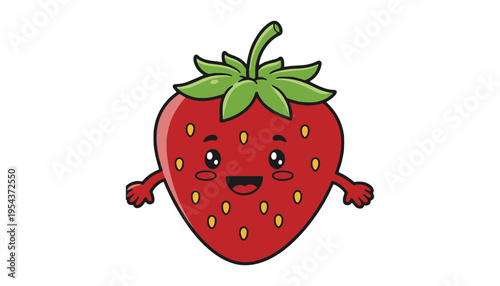 A cartoon strawberry character with a happy face and green leaves
