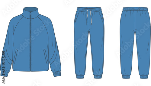 A blue tracksuit set with jacket and pants in vector illustration