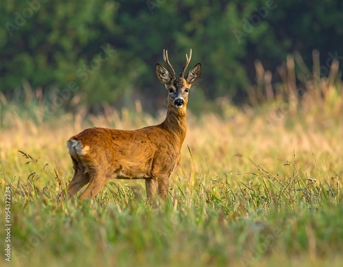 A young deer with antlers stands alert in a grassy field. Trees are blurred in the background, lit by warm sunlight