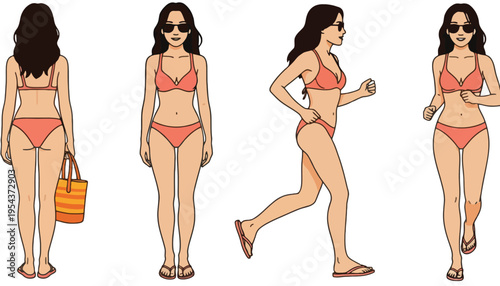 A woman in a pink bikini poses in different positions with sunglasses and a beach bag