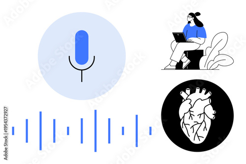 Voice recognition tools. Microphone symbol, sound waves, human heart for emotional connection, and person coding with laptop. Voice recognition in AI, health tech, digital communication, user