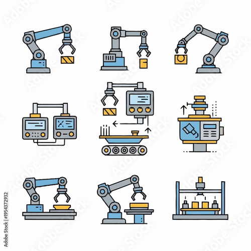 Collection of Industrial Robotic Arm Icons for Automation.