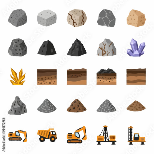 Collection of Mining and Construction Related Icons and Illustrations.