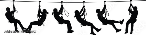Set of zipline riders silhouettes in various poses adventure activity vector illustration isolated on white background for outdoor sports and recreation design