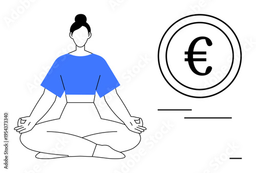 Financial wellness, mindfulness, self-care, budgeting, wealth management, economic balance. A woman sits meditating in a lotus pose next to a Euro currency symbol. Financial wellness and mindfulness