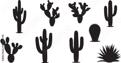 Set of 8 black cactus silhouettes vector