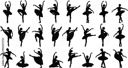 Set of ballerina silhouettes performing various ballet dance poses, isolated on white background, graceful dancer, tutu, artistic performance, and elegance.