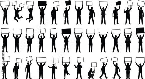 Protest crowd silhouettes holding blank signs, diverse people demonstration set, activism and social movement concept, black and white isolated illustration collection