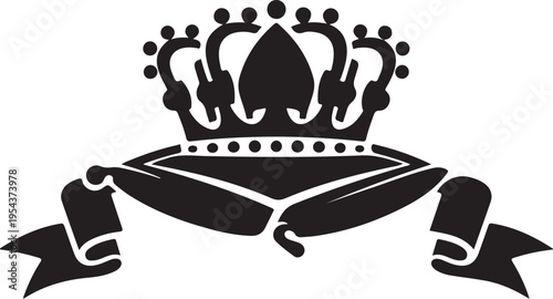 Black vector crown icon with ribbon banner