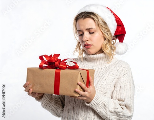 A young, fair-skinned woman wearing a Santa hat and a white sweater looks curiously at a present wrapped in brown paper with a red ribbon