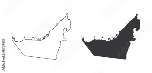 Isolated bundle pictogram icons of UAE map in outline and solid style representing Middle East country, oil region, geography, and location