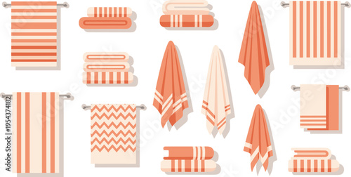 Bathroom Towels Collection Vector Set with Folded and Hanging Striped Towels, Soft Textile Fabric Elements for Home Interior, Hygiene, and Spa Design