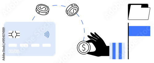 Digital transactions, financial technology, contactless payment, money transfer, personal finance, record keeping. Visual of a card, coins and folder. Digital transactions and financial technology