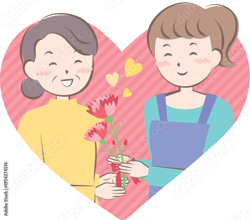 母の日にカーネーションの花束を渡す女性　