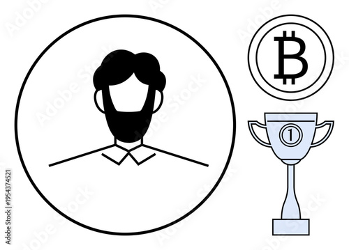 Cryptocurrency concept. Cryptocurrency ed with Bitcoin symbol, trophy for success, and professional profile icon. Cryptocurrency driving innovation and digital economies. For fintech, blockchain