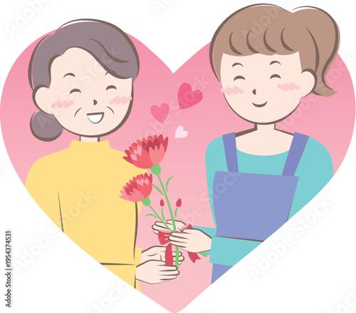 母の日にカーネーションの花束を渡す女性　