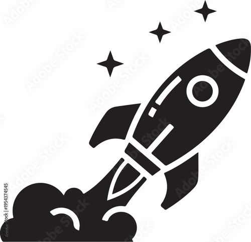 Black vector rocket icon launching into space with stars