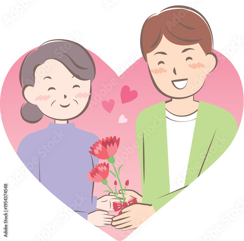 母の日にカーネーションの花束を渡す男性
