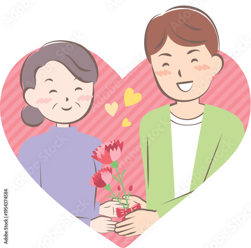 母の日にカーネーションの花束を渡す男性
