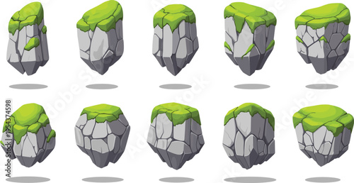 Floating Rock Island Set Vector Illustration Featuring Cartoon Stone Platforms with Grass and Moss for Game Assets, Fantasy Landscapes, and UI Design