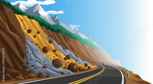A Detailed Vector Illustration of a Massive Landslide Threatening a Mountain Road, Danger and Natural Disaster