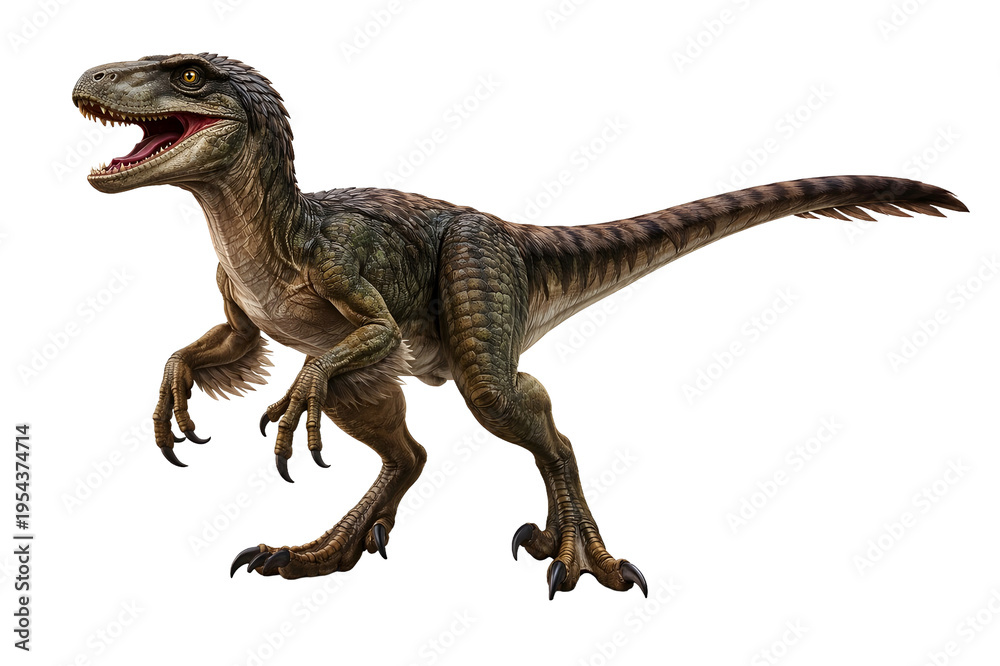 Obraz premium Realistic Velociraptor Dinosaur Full Body Isolated on Transparent Background, Fierce Prehistoric Predator with Open Mouth and Sharp Teeth, Detailed Jurassic Reptile PNG Transparent Background